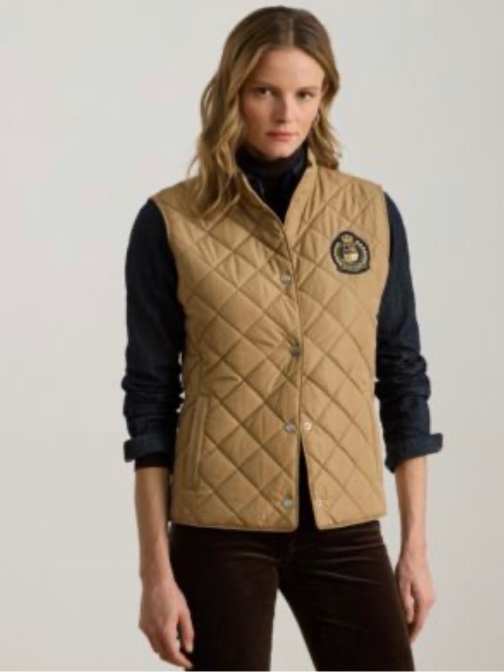 M New $160 Women's Size RALPH LAUREN Tan Quilted Snap Front Vest W/Pockets
